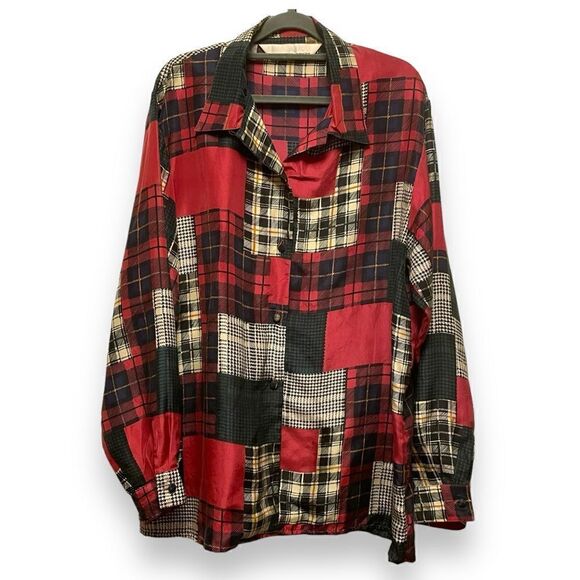 Vintage Charlie’s Court Silk Plaid Button Down Top - Picture 1 of 8